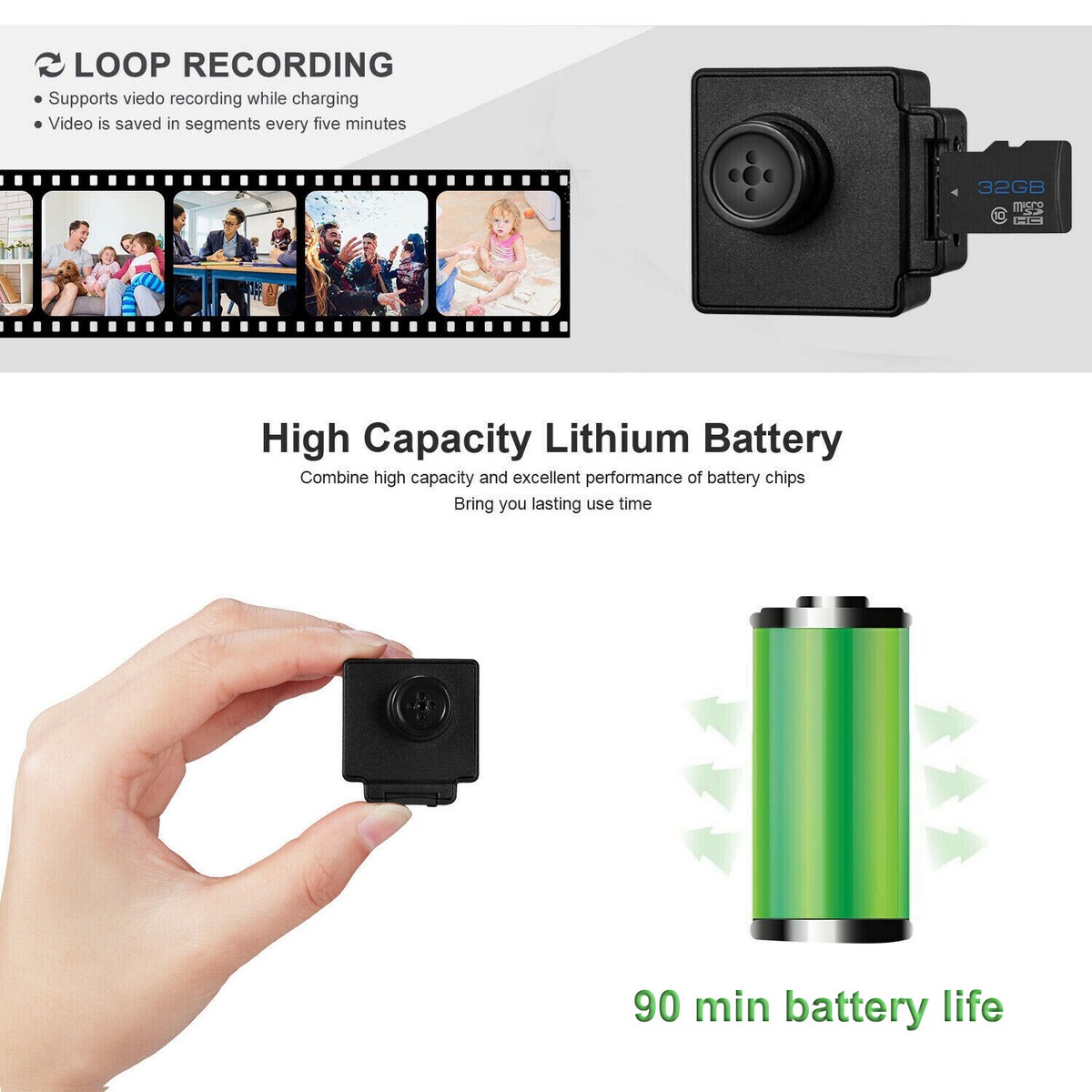 Mini cámara de botón espía oculta full hd con grabación de audio