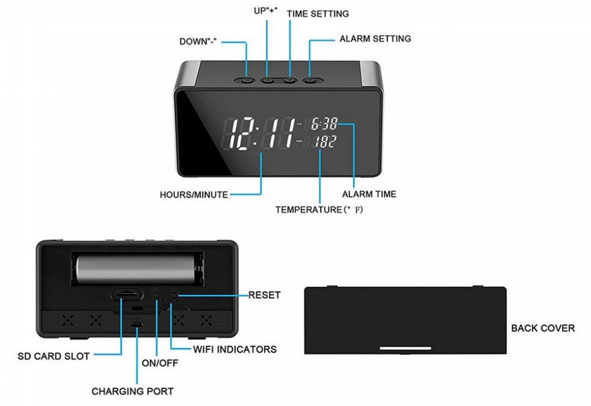 cámara espía en detección de movimiento de reloj digital
