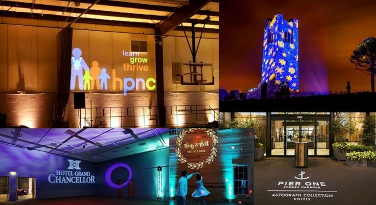Proyector gobo con logotipo publicitario en edificios
